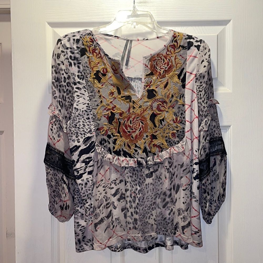 Anthropologie Embroidered Leopard Print Top